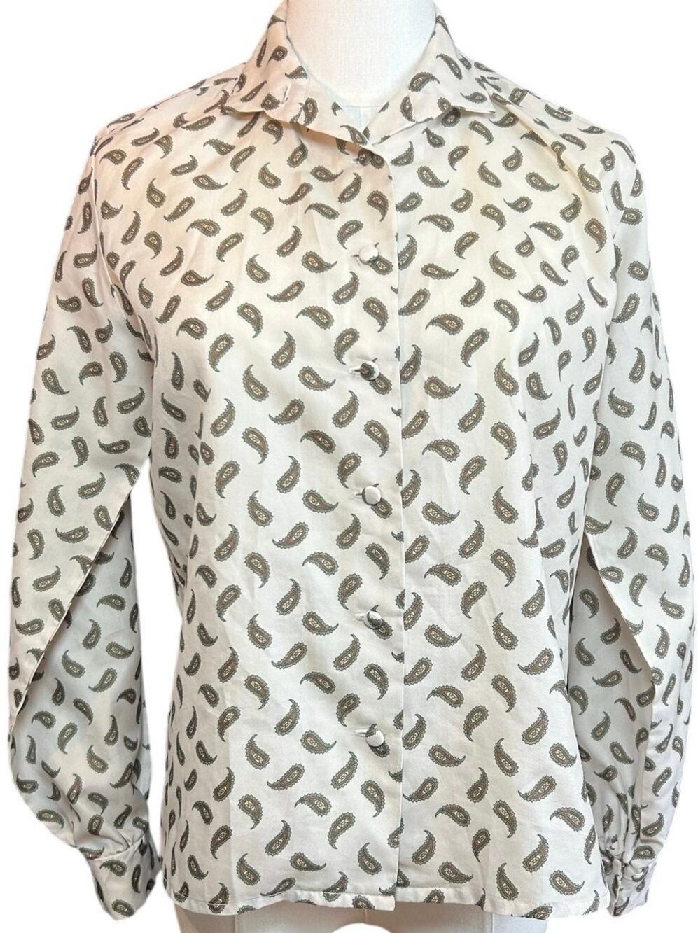 VTG 90s Handmade White Green Paisley Print Top Cloth Buttons Whimsigoth Boho